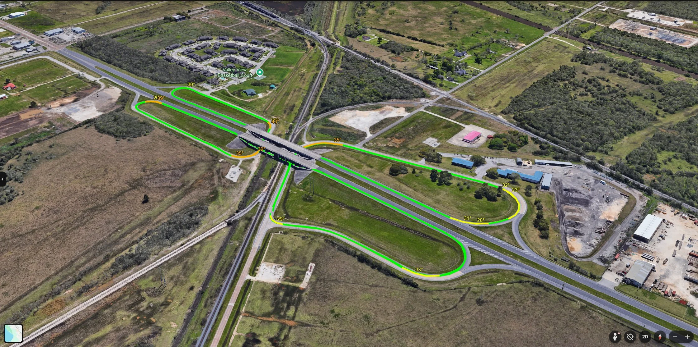 ThrottleX 3D KML Heatmap in Google Earth showing track with lean angle apex labels