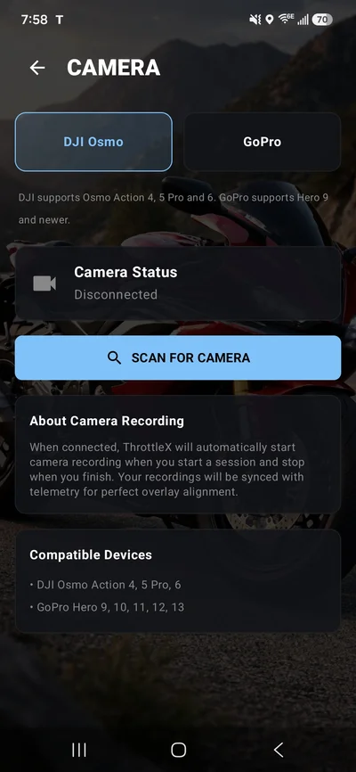 ThrottleX camera sync screen showing DJI Osmo and GoPro integration