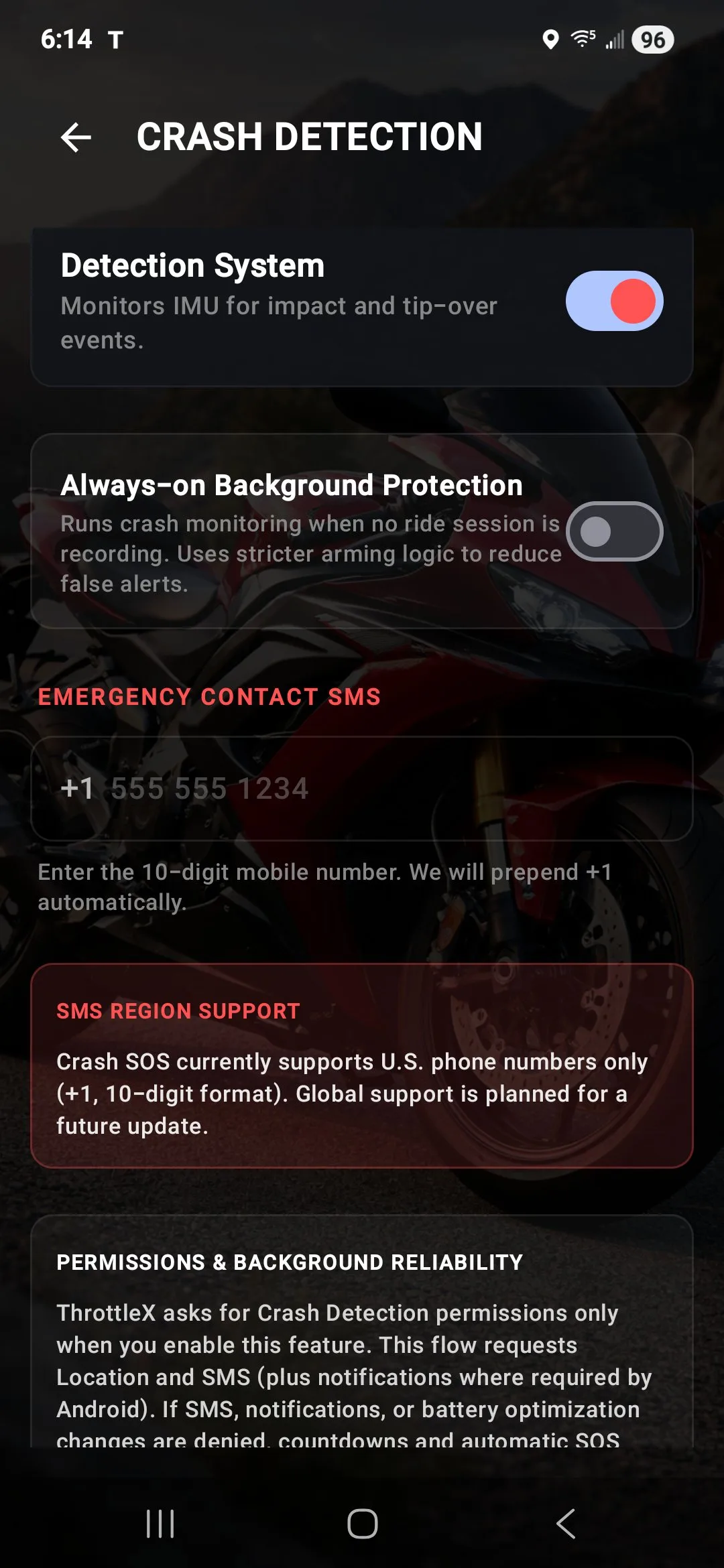 ThrottleX Crash Detection Settings