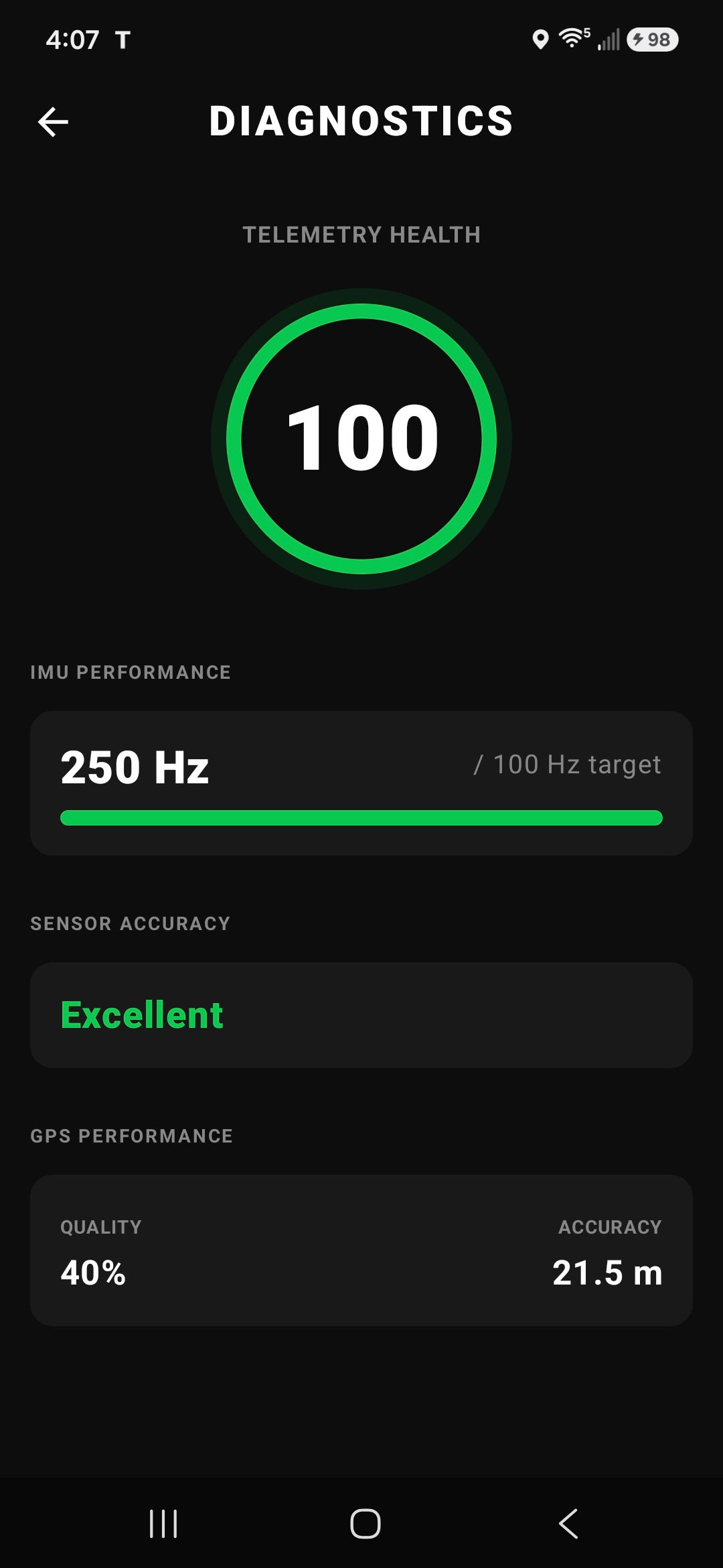 ThrottleX Telemetry Health showing 1000Hz IMU performance and 100 health score